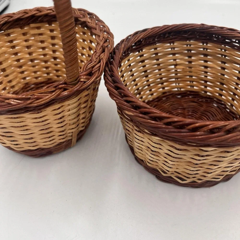 Lot of 3 Small Vintage Wicker Baskets One With Handle Two Tone Pretty And Cute!